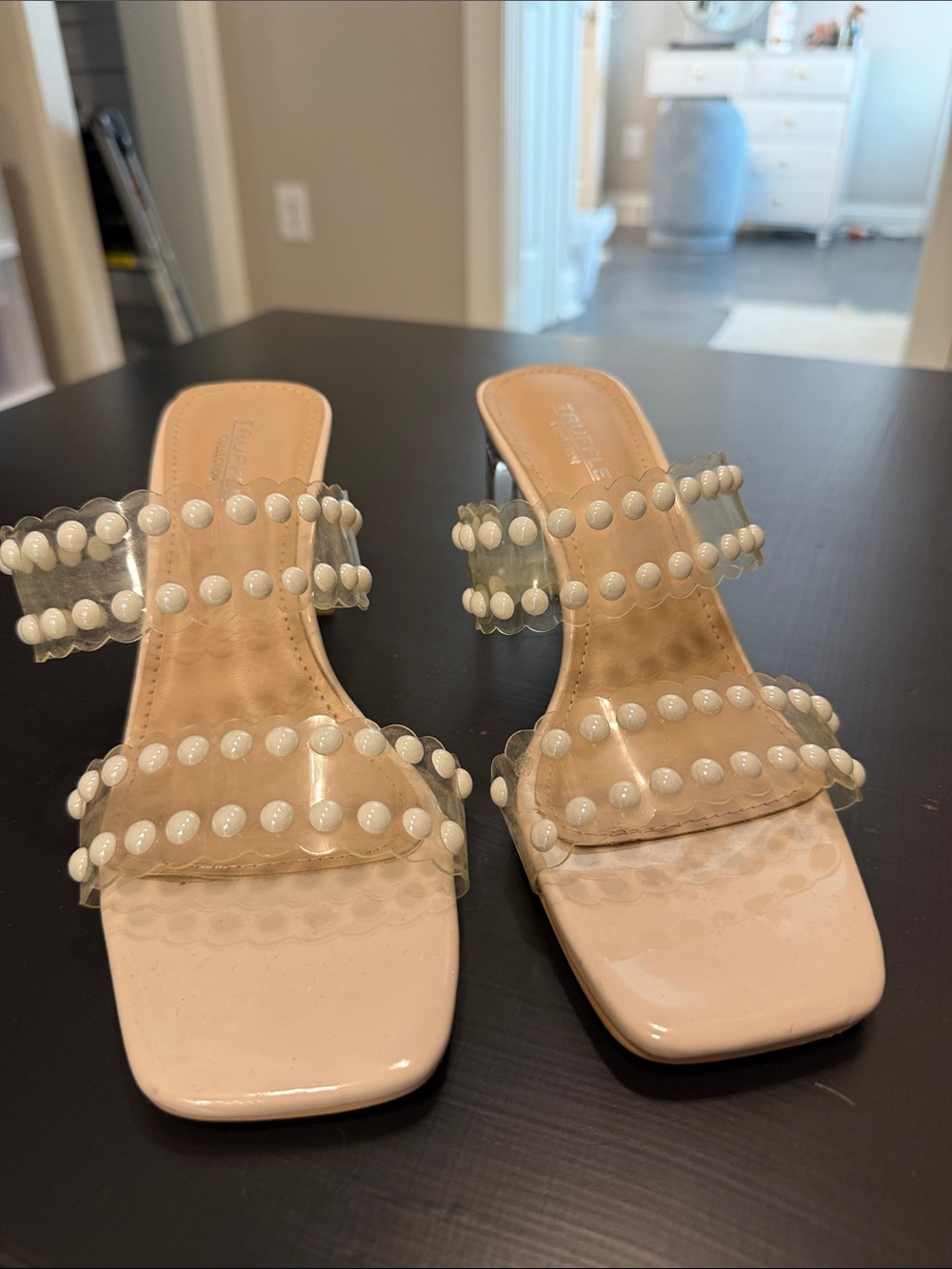 Clear-Strap Pearl-Embellished Nude Mule Heels